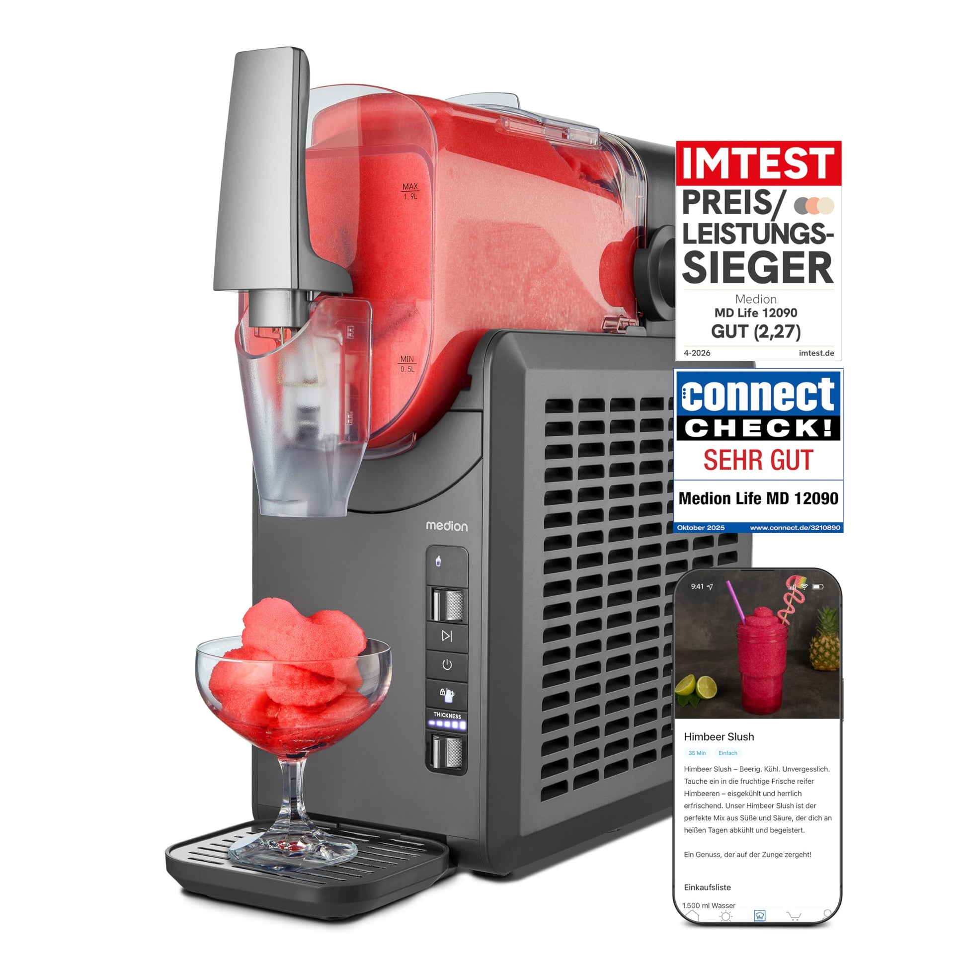 MEDION Slush Maschine MD12090 mit Kompressor und 5 Getränkemodi – abnehmbarer Tank, Touch-Bedienung