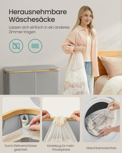 SONGMICS Wäschekorb mit Deckel, 4 Fächer, 200 L, faltbar, taubengrau