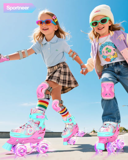 Sportneer Rollschuhe Kinder verstellbar, LED-Rollen + Protektoren-Set