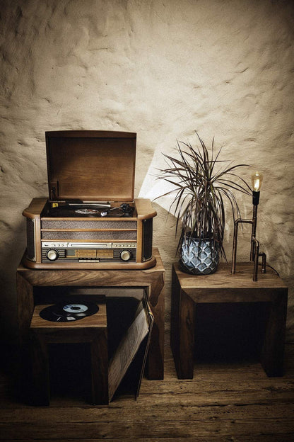 Nostalgie Holz Musikanlage - Plattenspieler, CD, Kassette, BT, Radio