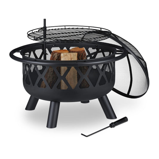 Relaxdays Feuerschale mit Grillrost & Funkenschutz Ø 75 cm, schwarz. Zur Holzverbrennung und zum Grillen, mit Funkenschutz.