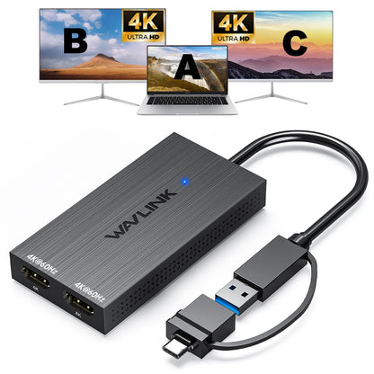 WAVLINK Displaylink Adapter Dual HDMI 4K 60Hz USB-C/3.0: Schwarzer, rechteckiger Adapter für duale 4K 60Hz Videoausgabe via USB-C/3.0.