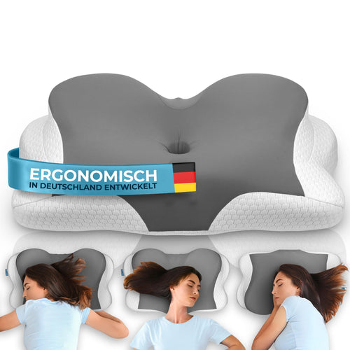 Glückstoff Ergonomisches Nackenkissen aus Memory Foam, Grau, ergonomische Kontur