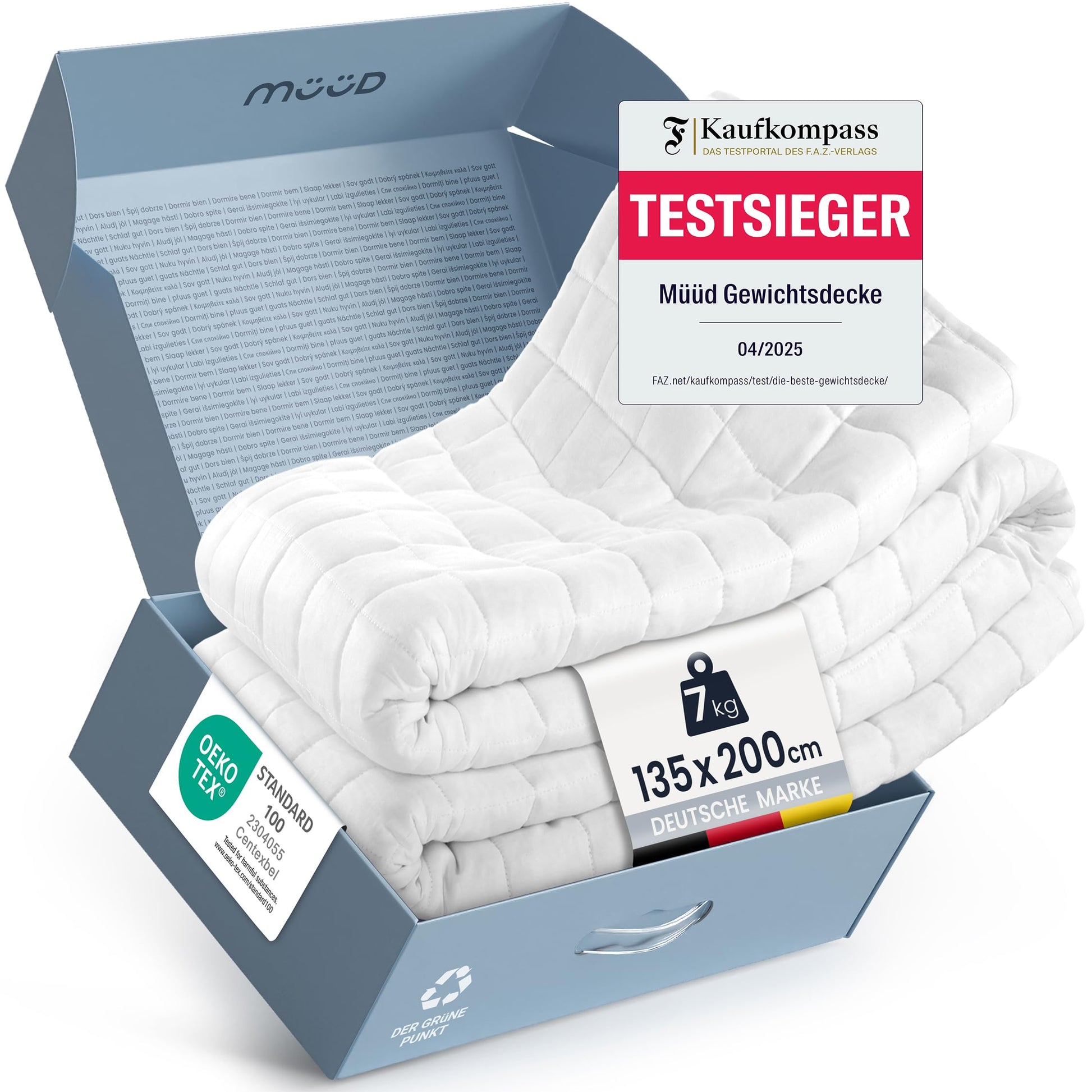 müüd® Gewichtsdecke Therapie & Schlaf 7kg - 135x200 cm, rechteckig, grau. Für tieferen Schlaf und Therapie durch gleichmäßige Druckverteilung.