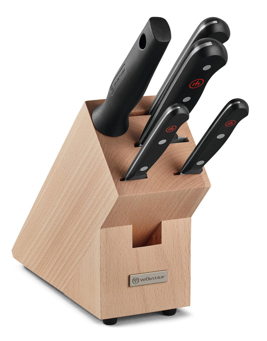 WÜSTHOF Gourmet Messerblock Set – 5-teilig, Silber. Fünf silberne Küchenmesser und ein Messerblock zum Lagern und Schneiden von Lebensmitteln.