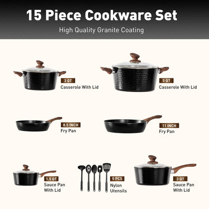 DishDelight Induktion Topfset 15-teilig Granit Antihaft Schwarz