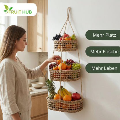 FRUIT HUB Obstkorb hängend aus Seegras – Hängekorb mit 3 Etagen