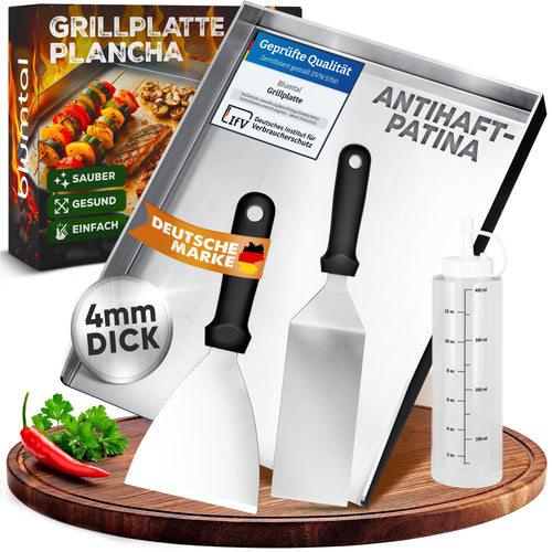 Blumtal Plancha Grill Set Gasgrill - 30x40 cm Edelstahl. Rechteckige, silberne Edelstahl-Plancha zum Grillen auf Gasgrills.