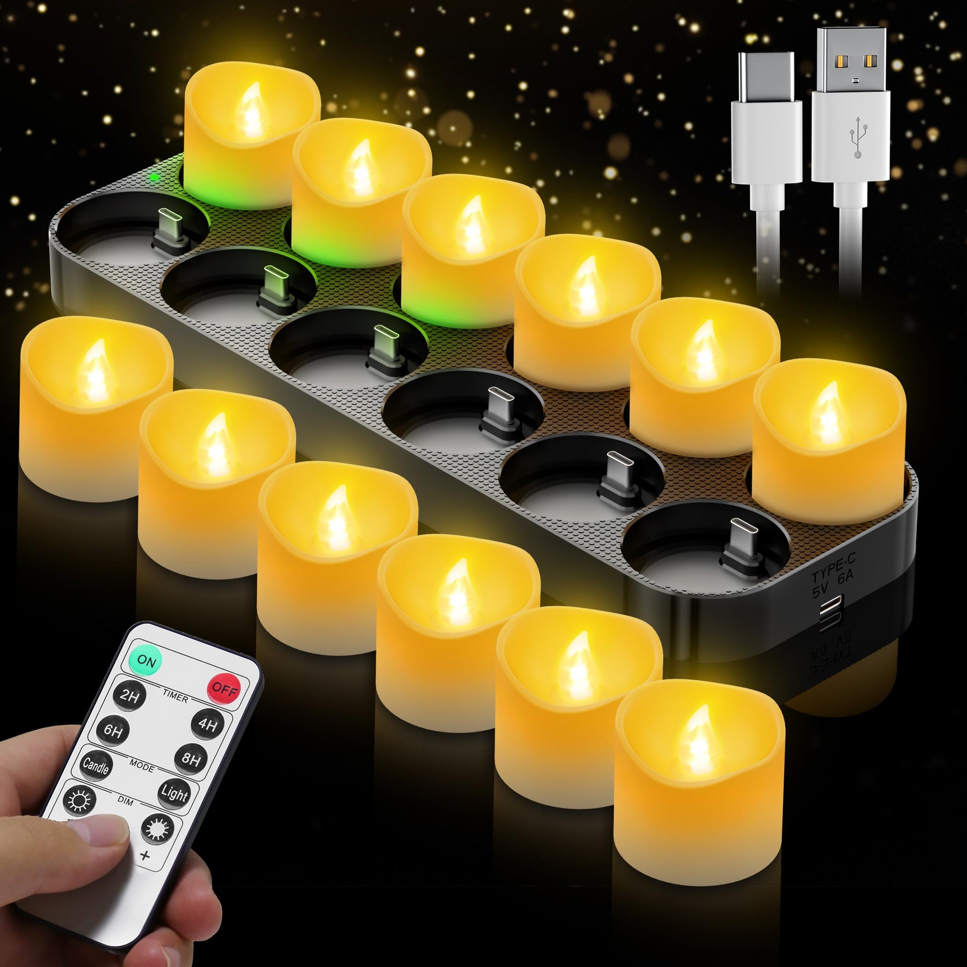 daphomeu LED Teelichter, 12 Stück, wiederaufladbar, mit Fernbedienung, flammenlose LED-Flamme, USB-C Ladestation