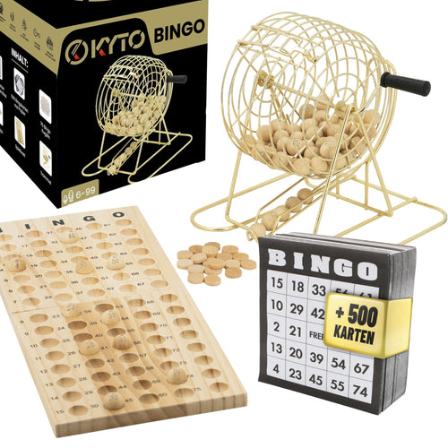 Kyto Bingo Trommel XXL Gold – Spielset mit 75 Kugeln und Karten, Metalltrommel in Goldoptik mit Kurbelmechanismus
