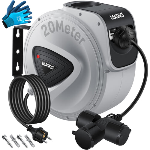 MASKO® Automatik Kabeltrommel Verlängerungskabel 20m mit 3-Fach Anschluss 180° drehbar 1,5m Zuleitung Wandhalterung Werkstatt Kabelaufroller Automatisch Stromtrommel Schlauchaufroller Inkl. Handschuhe