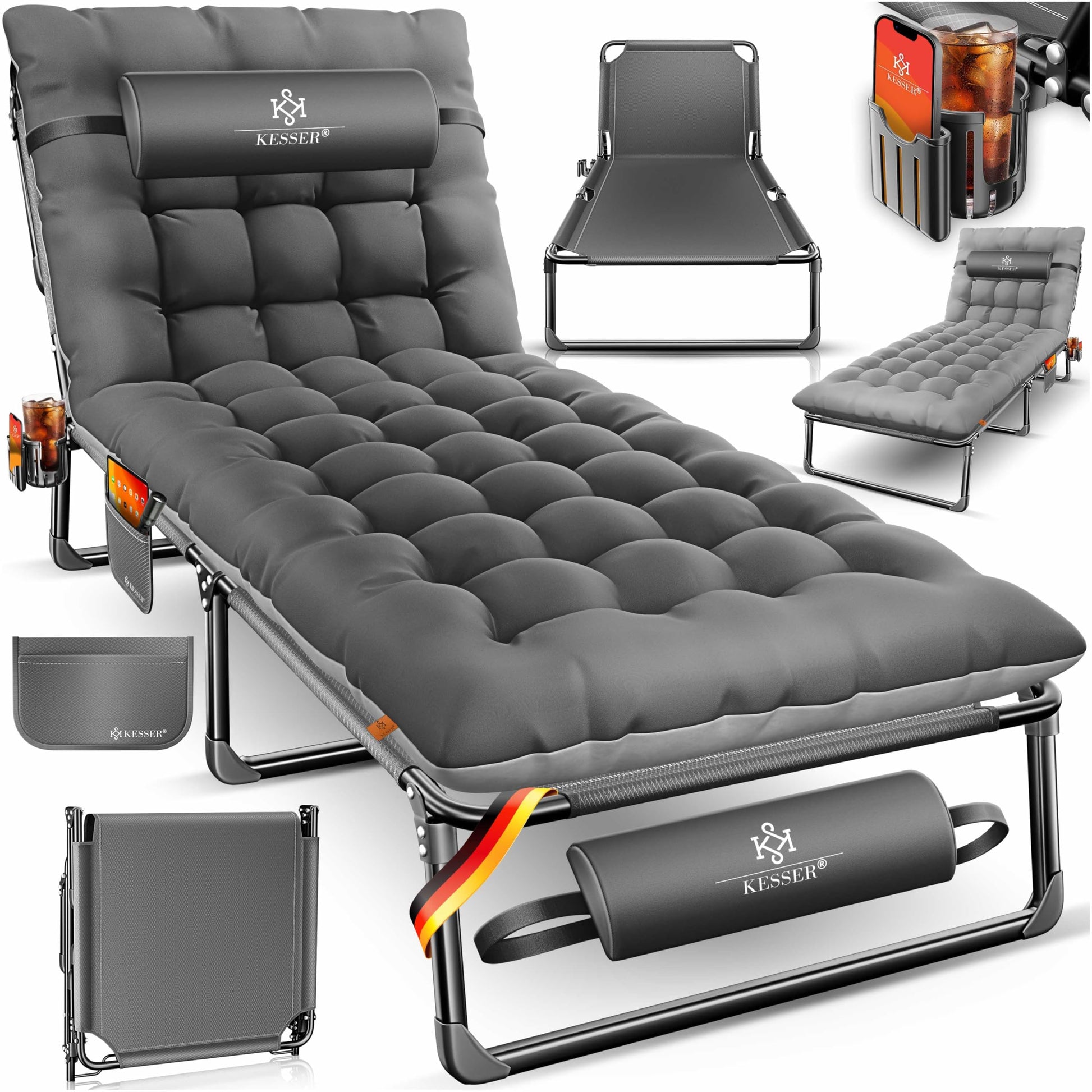 KESSER Campingbett Feldbett klappbar 190 x 68 x 30 cm, bis 250 kg mit Nackenkissen und Seitentasche