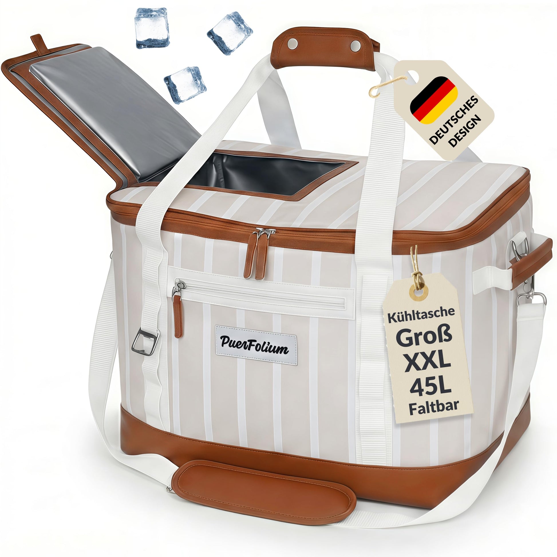 PuerFolium Kühltasche 45L faltbar mit QuickAccess-Klappe, beige, Kunstledergriffe und abnehmbarer Schultergurt