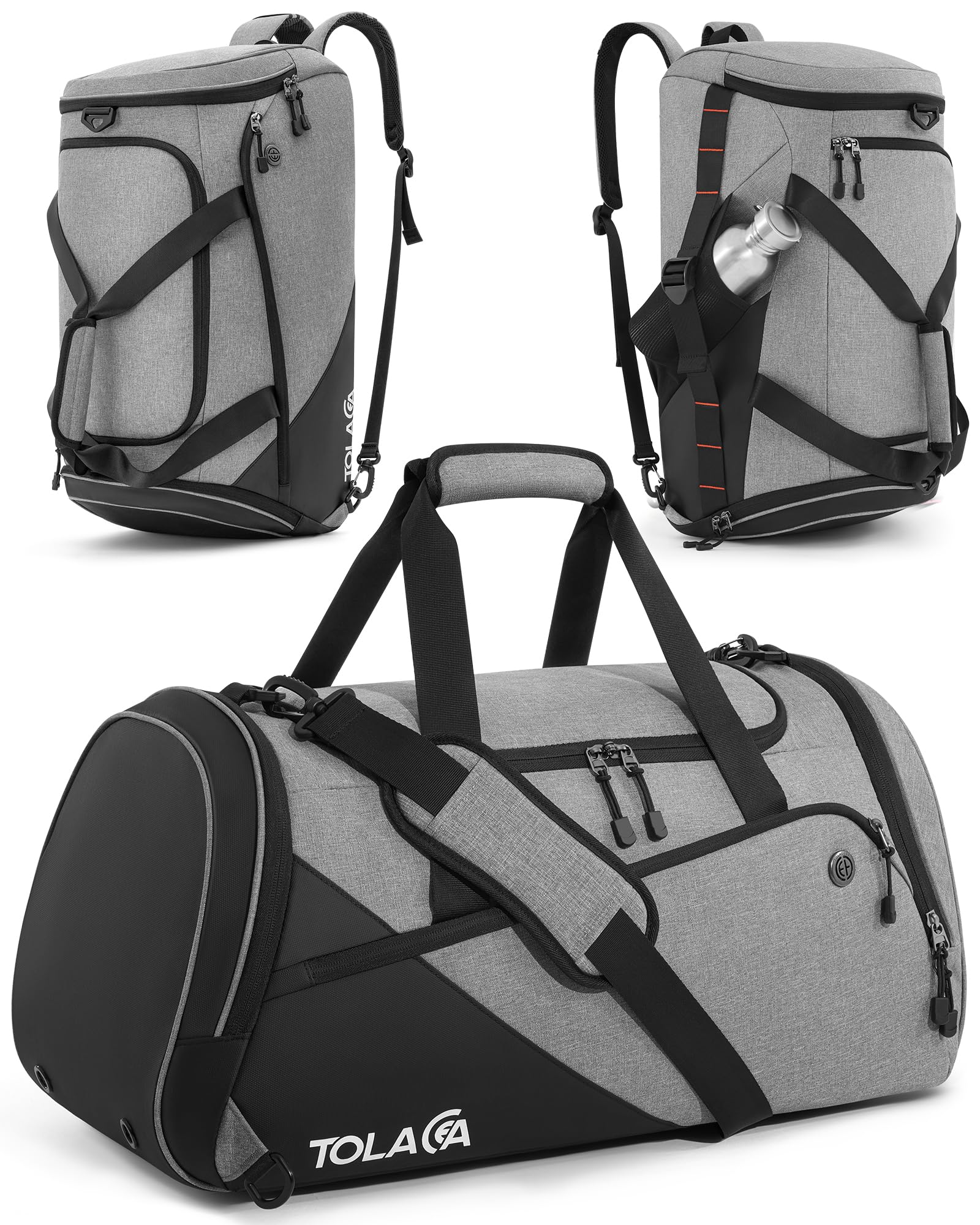 Tolaccea Sporttasche 47L mit Schuhfach und Nassfach, Grau – wasserabweisendes Oxford-Gewebe, versteckbare Rucksackgurte