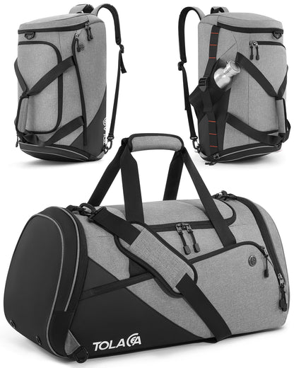 Tolaccea Sporttasche 47L mit Schuhfach und Nassfach, Grau – wasserabweisendes Oxford-Gewebe, versteckbare Rucksackgurte