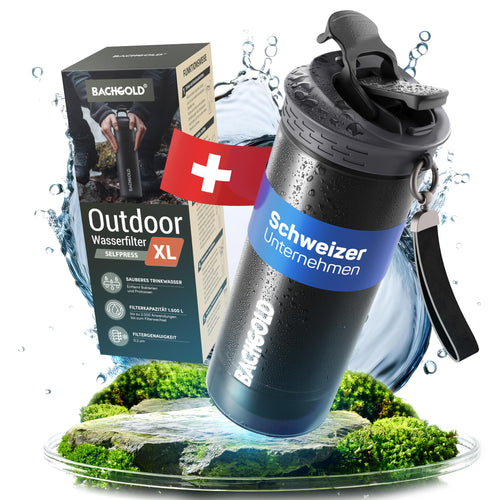 Bachgold Profi Outdoor Wasserfilter Flasche – XL 800ml. Zylindrische Filterflasche zur Trinkwasseraufbereitung im Outdoor-Einsatz.