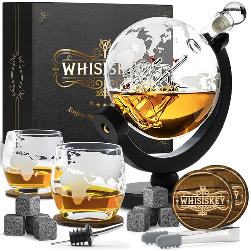 Whisiskey Whisky Karaffe Set Globus Dekanter 900 ml mit 2 Gläsern – Geschenkset mit 8 Whiskysteinen und Aufbewahrungsbox