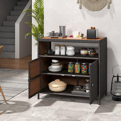 COSTWAY Gartenschrank Rattan mit Akazienholz-Arbeitsplatte, Braun
