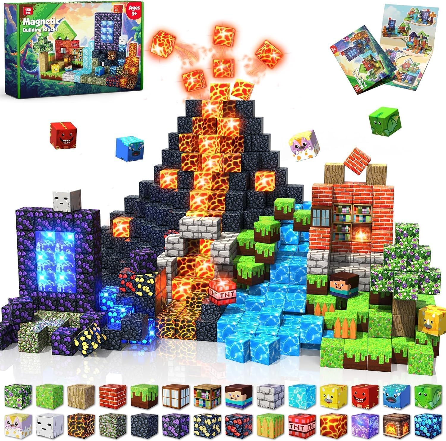 Magneverse Magnetische Bausteine 150 Teile Wald und Dinosaurier, Magnetspielzeug mit Wald- und Dino-Motiven