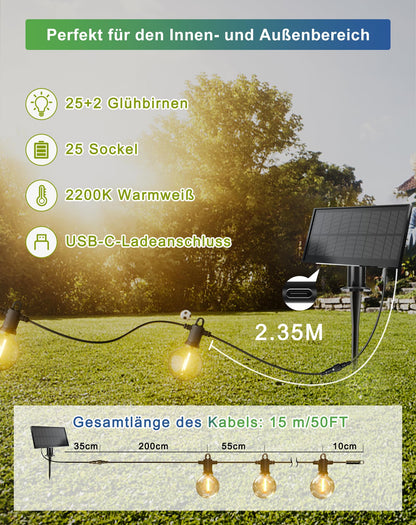 Zuske Solar Lichterkette Aussen, 15M Lichterkette Außen Solar Wasserdicht mit 25+2 Warmweiße G40 Glühbirnen, 5 Modi IP65 Wasserdicht Solar lichterkette für outdoor, Garten, Terrasse, Balkon, Hochzeit