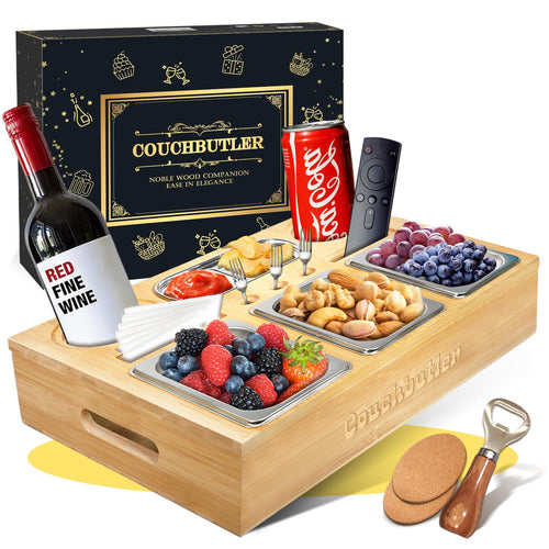 EKXXHVLS Couchbar Snackbox Sofatablett mit 3 Snackschalen, schwarz – Bambus und Edelstahl