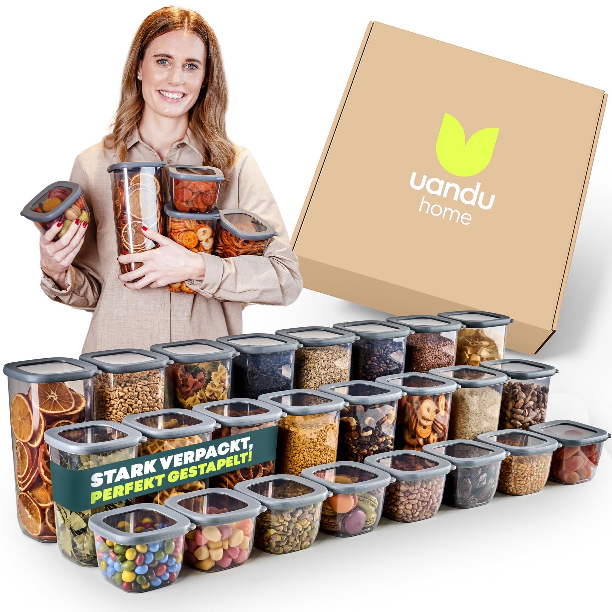 uandu Vorratsdosen Set 24-teilig, luftdicht, BPA-frei mit Etiketten – transparente Behälter mit grauen Deckeln