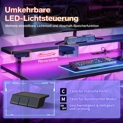 ODK Gaming Schreibtisch 100cm – LED, Steckdosen, Carbon Schwarz