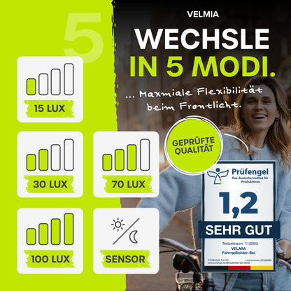 VELMIA LED Fahrradlicht Set 100 Lux StVZO mit Bremslicht schwarz
