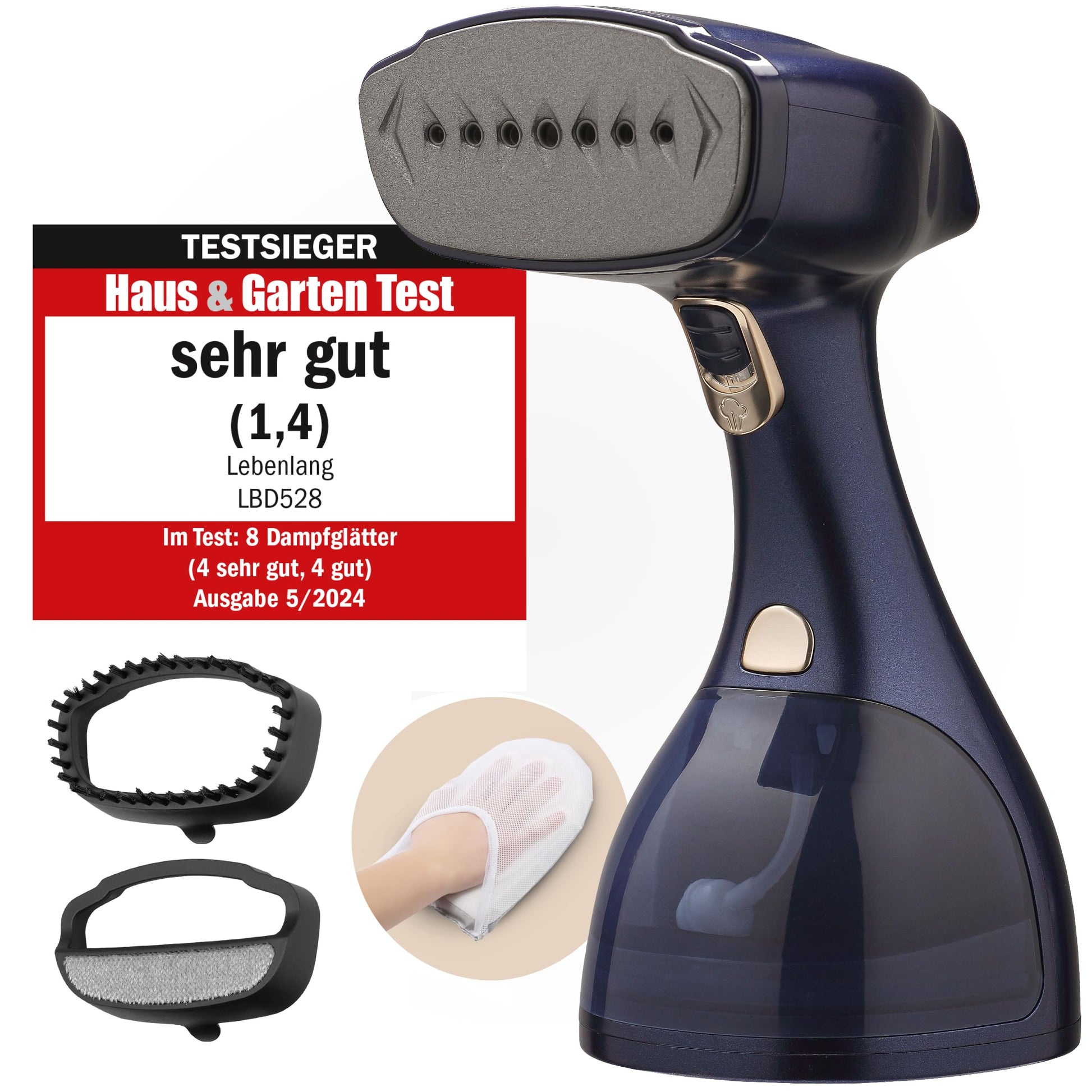 LEBENLANG Dampfglätter LBD528R mit 1500 W, 300 ml Tank, Rosa inklusive Bügelhandschuh und Aufsteckbürsten