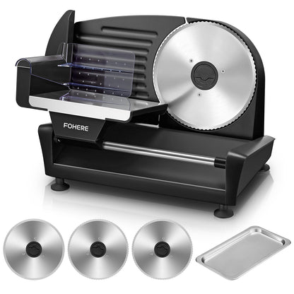 FOHERE Allesschneider elektrisch 250 W, Edelstahl, 3 Klingen, schwarz, für Brot, Wurst und Käse