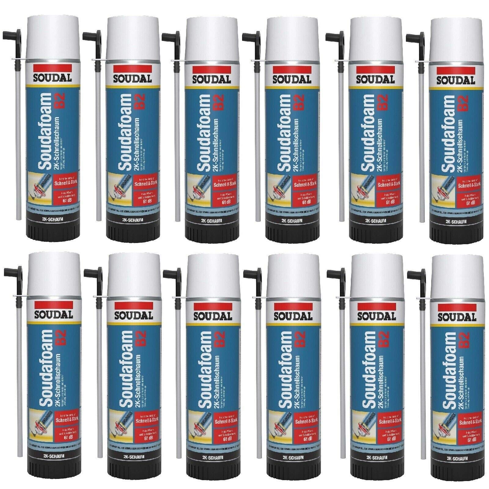 Soudal Soudafoam 2K Zargenschaum B2 400ml – 12er Pack. Blaue Druckgasdosen. Der 2K-Montageschaum füllt und befestigt Türzargen.