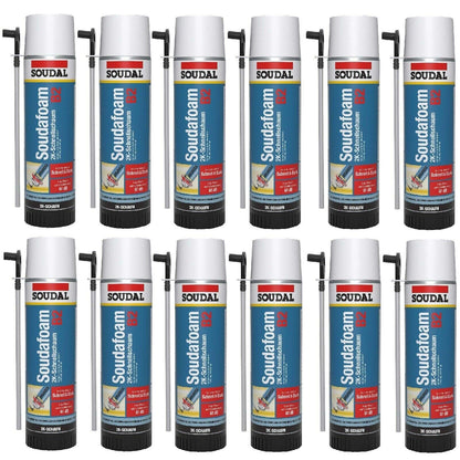 Soudal Soudafoam 2K Zargenschaum B2 400ml – 12er Pack. Blaue Druckgasdosen. Der 2K-Montageschaum füllt und befestigt Türzargen.