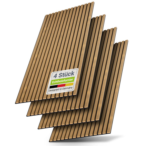 Juskys Akustikpaneele 4er Set, Wandpaneele, Eiche Natur Dunkel, Wandverkleidung mit Echtholzfurnier