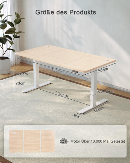 JUMMICO Höhenverstellbarer Schreibtisch Elektrisch – 160x70cm, USB, Beige