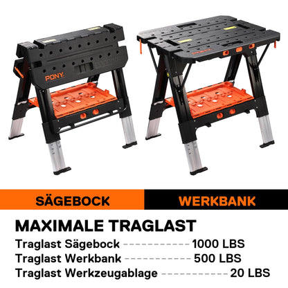 PONY 2 in 1 Werkbank klappbar – mit 4 Zwingen 454kg