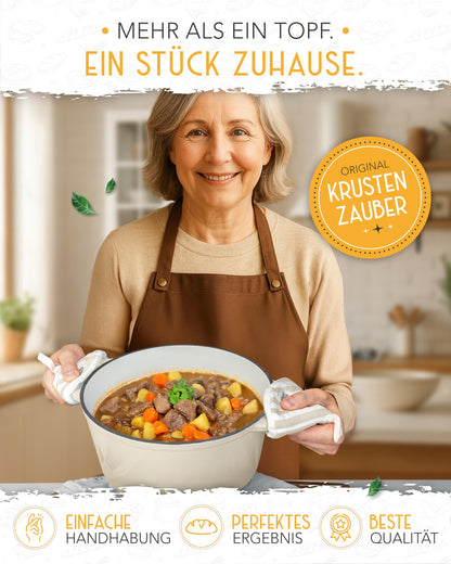 KRUSTENZAUBER Gusseisen Topf als Schmortopf mit Deckel - 26cm Emaille Topf als Gusseisen Bräter oder Brotbacktopf - Backofengeeigneter Dutch oven Cast Iron Pot als hochwertiger Kochtopf inkl. Rezepte