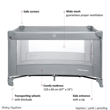 Moby-System Baby Reisebett 128x68 cm, faltbar mit Matratze, grau