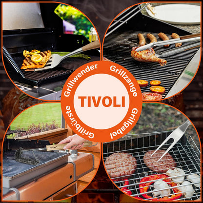 TIVOLI Grillbesteck-Set 4-teilig, Edelstahl mit Holzgriffen