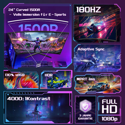 Amzfast AMZG24C1 Gaming Monitor Curved - 24 Zoll 180Hz