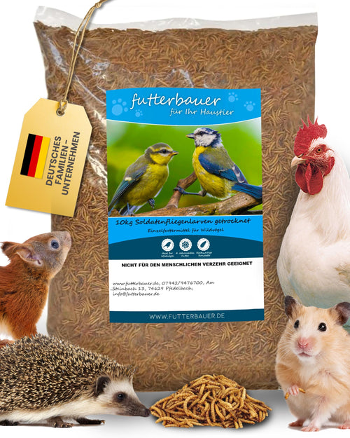Futterbauer Soldatenfliegenlarven getrocknet, 10 kg Vogelfutter, proteinreiches Naturfutter für Vögel und Fische
