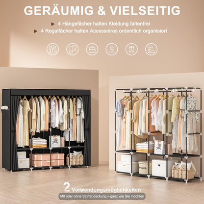 Neatrays Stoffschrank mit 4 Kleiderstangen und 8 Fächern, schwarz