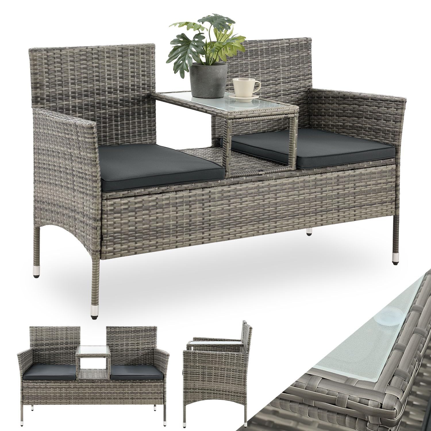 Juskys Monaco Polyrattan Gartenbank – 2-Sitzer grau-meliert. Eine zweisitzige Bank aus Polyrattan zur Nutzung als Sitzgelegenheit im Garten.