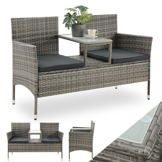 Juskys Monaco Polyrattan Gartenbank – 2-Sitzer grau-meliert. Eine zweisitzige Bank aus Polyrattan zur Nutzung als Sitzgelegenheit im Garten.