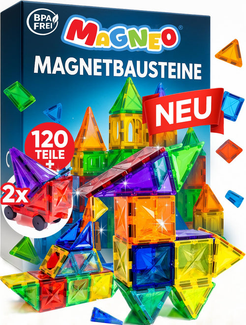Magneo Magnetbausteine, 120-teiliges Bauset mit 2 Autos, ab 3 Jahren