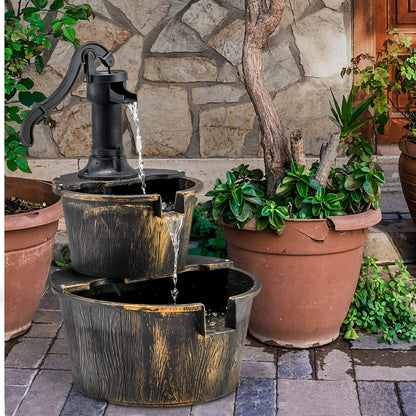 COSTWAY Gartenbrunnen Fassbrunnen mit Pumpe, 2-stufig, Antikbronze