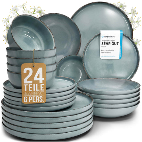 Pure Living Rustic Steingut Geschirrset 24 tlg. Rauchblau. Rustikales, rauchblaues Steingut-Set für 6 Personen, zum Servieren von Speisen.