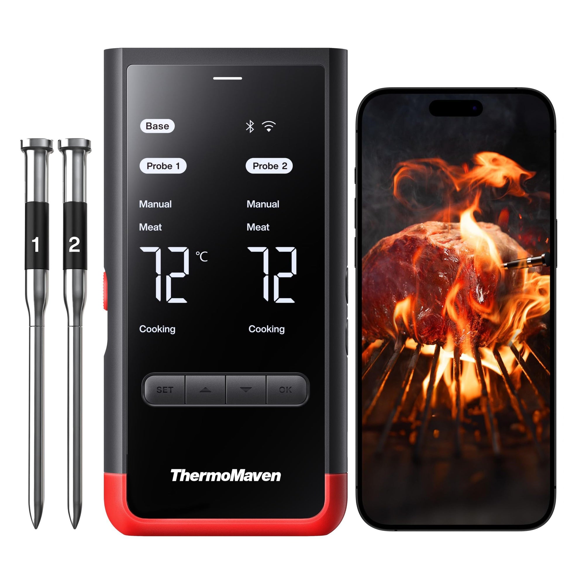 ThermoMaven P2 Fleischthermometer kabellos mit WiFi und 2 Sonden – Display-Basis und ultradünne Messsonden