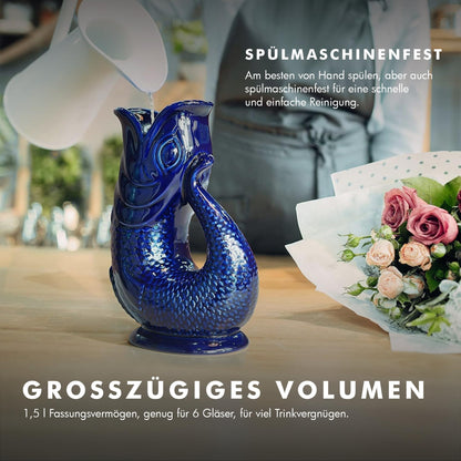 Bubble Jug Wasserkaraffe Keramik in Fischform, 1,5 L, Dunkelblau