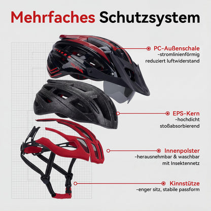 RLQA Fahrradhelm BD030 mit Magnetvisier & LED, Grösse L, Schwarz-Rot