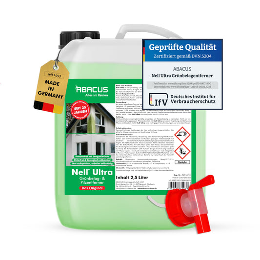 ABACUS Nell Ultra Grün- & Algenentferner Konzentrat - 2.5 Liter, Kunststoff-Gebinde. Beseitigt Grünbelag und Algen von Außenflächen.
